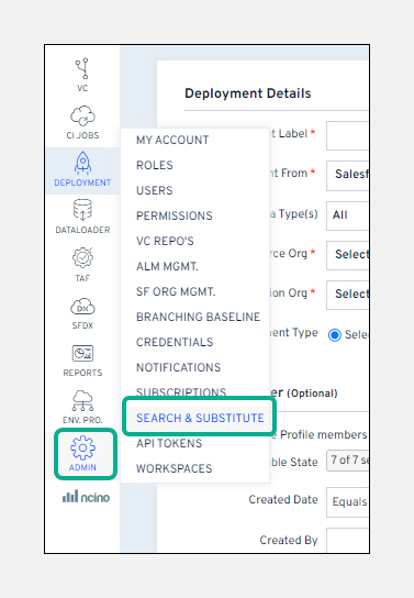 Admin menu showing the Search and Substitute option