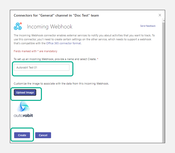 Configure webhook screen showing name and upload image fields