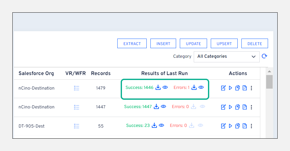 Run results summary showing deleted records