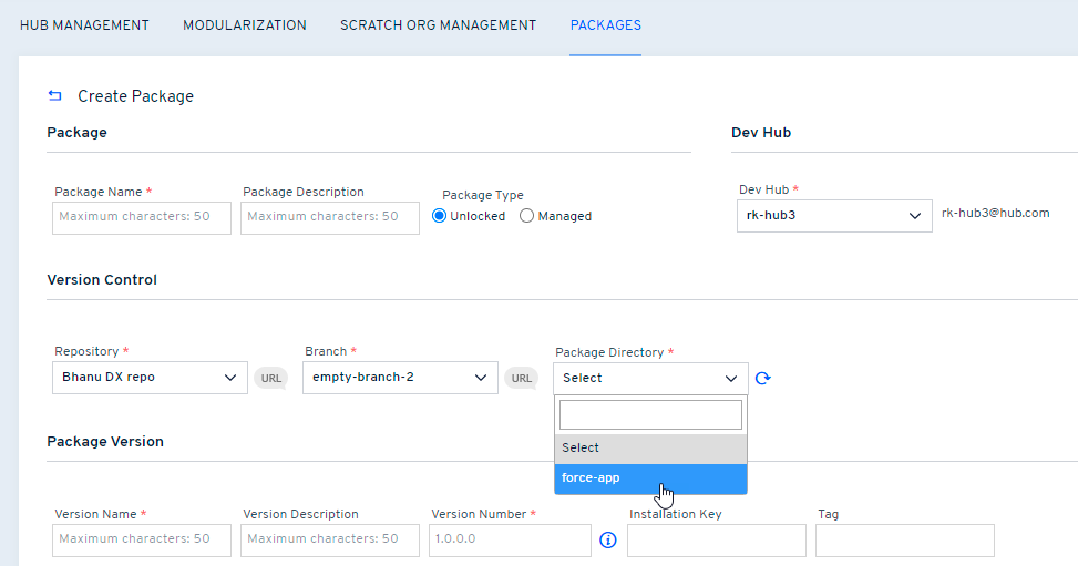 Package Directory dropdown in package creation