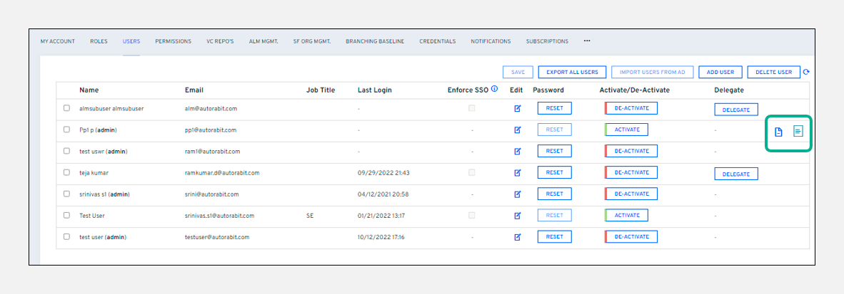 Users list with Log Details and User Delegation Report icons