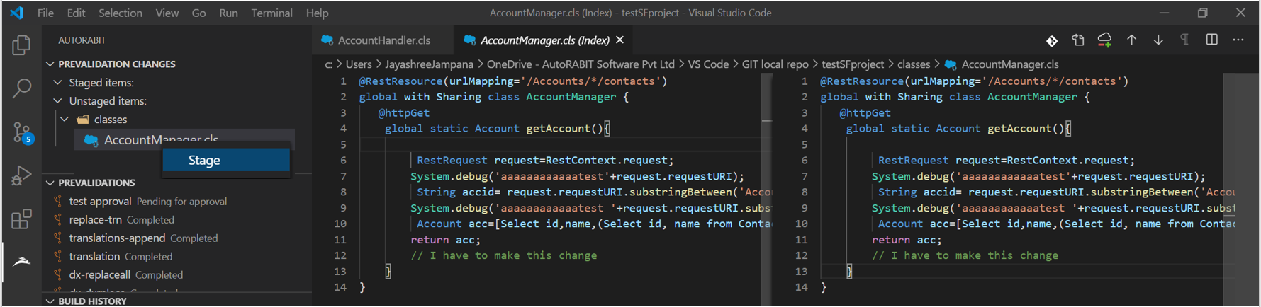 Staging changes for a single file in VSCode Extension