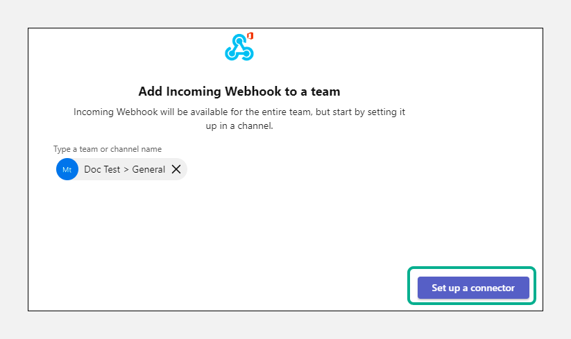 Select channel screen for configuring webhook in Teams