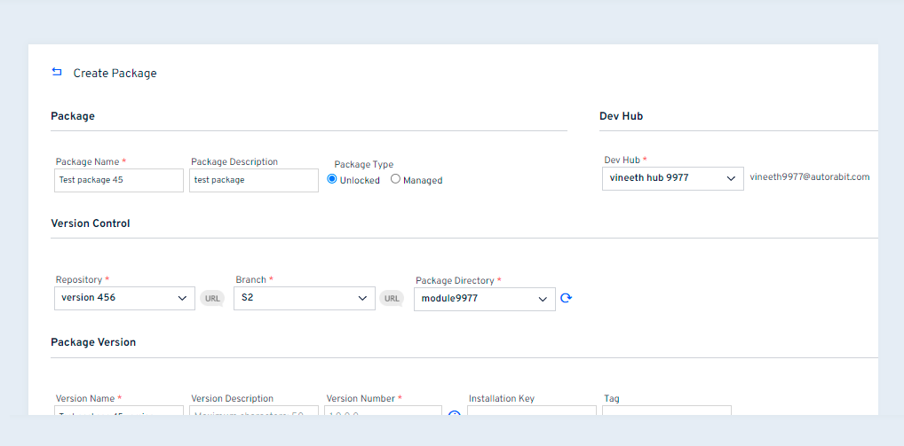 Create Package form fields