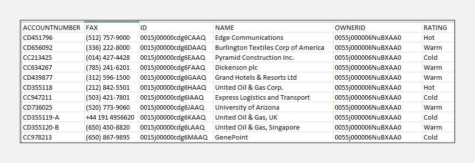 Sample CSV file with 11 account records and corresponding field headers