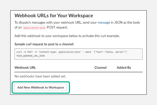 Add new webhook to workspace button in Slack app configuration