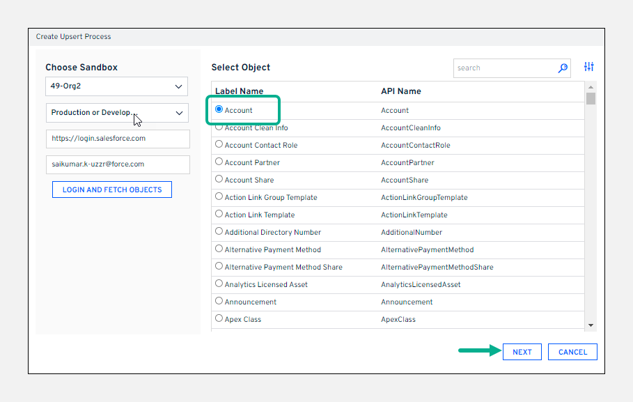 Object selection page