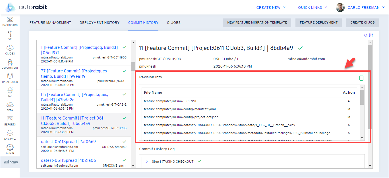 Revision info showing added and modified objects