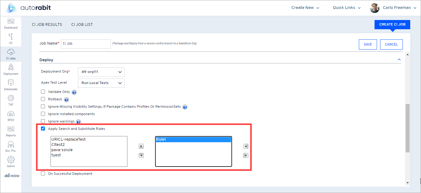 CI Job creation with Search and Substitute rule dropdown