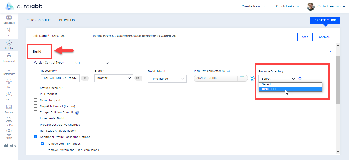 CI Job configuration with Package Directory