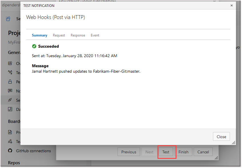 Test and confirm webhook subscription setup