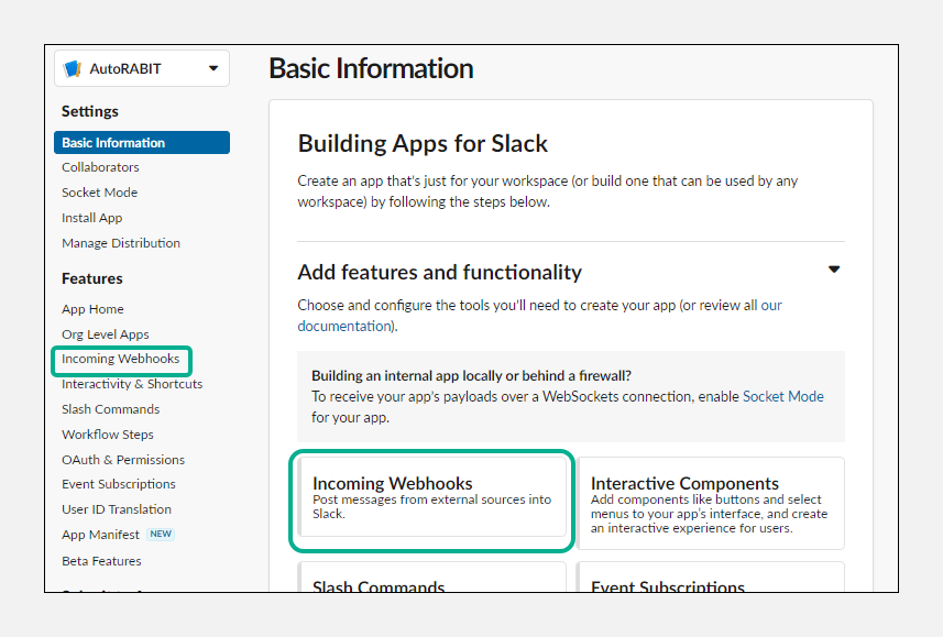 Slack app features page with Incoming Webhooks highlighted