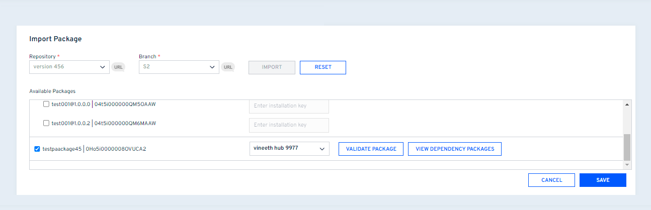 List of packages and versions