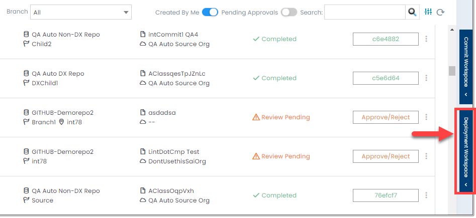 Deployment workspace with pending validations