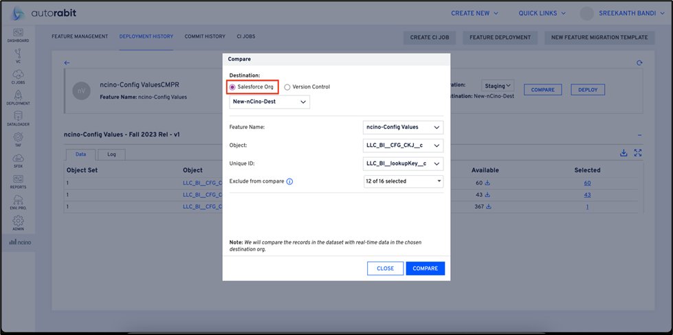 Org-to-Org comparison selection
