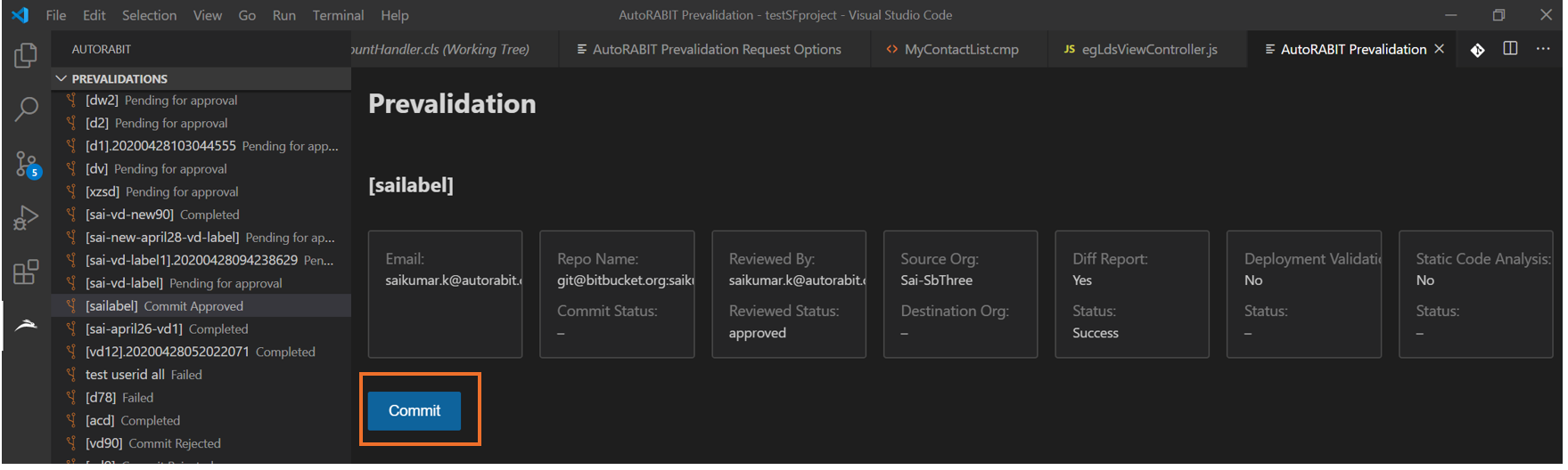 Committing approved pre-validation request in VSCode Extension
