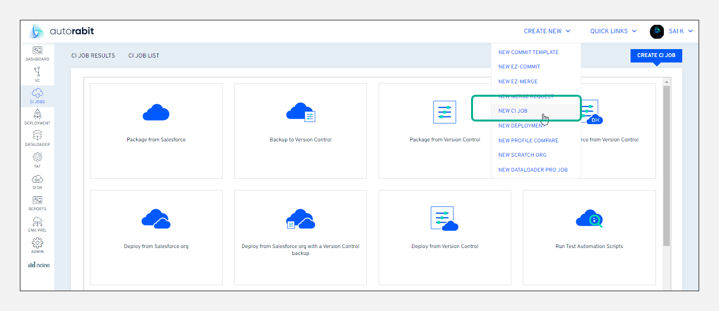 Create New > New CI Job menu option