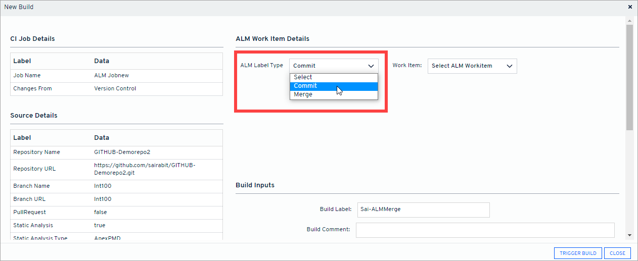 ALM integration panel showing work items