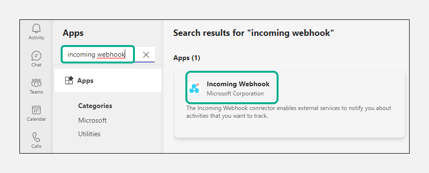 Search results for Incoming Webhook app in Teams