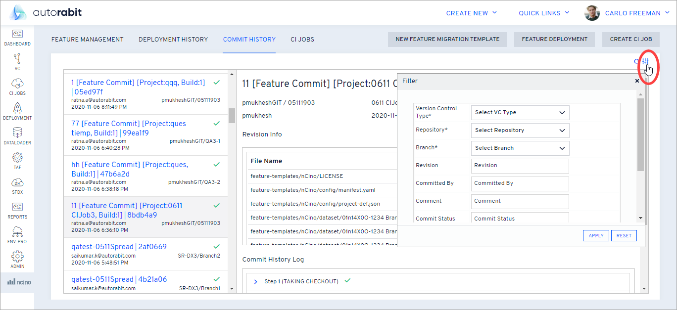 Advanced Search filter options for commit history