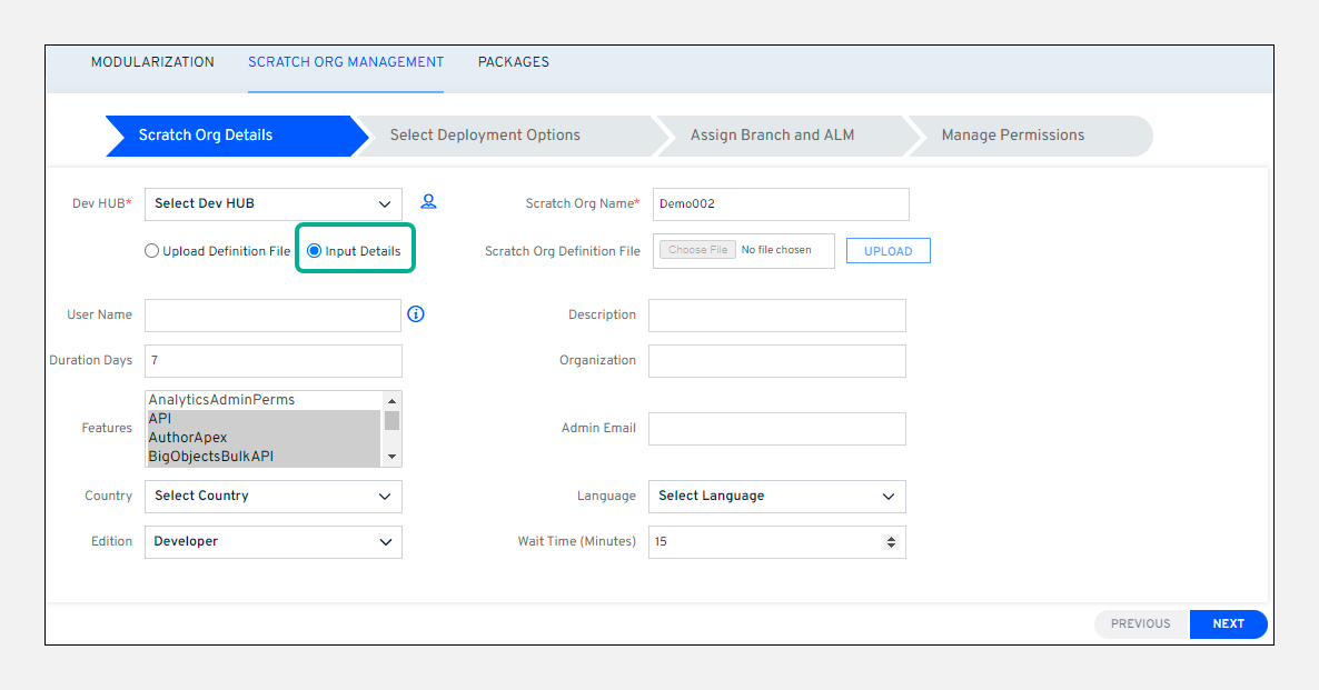 Manual Scratch Org details form