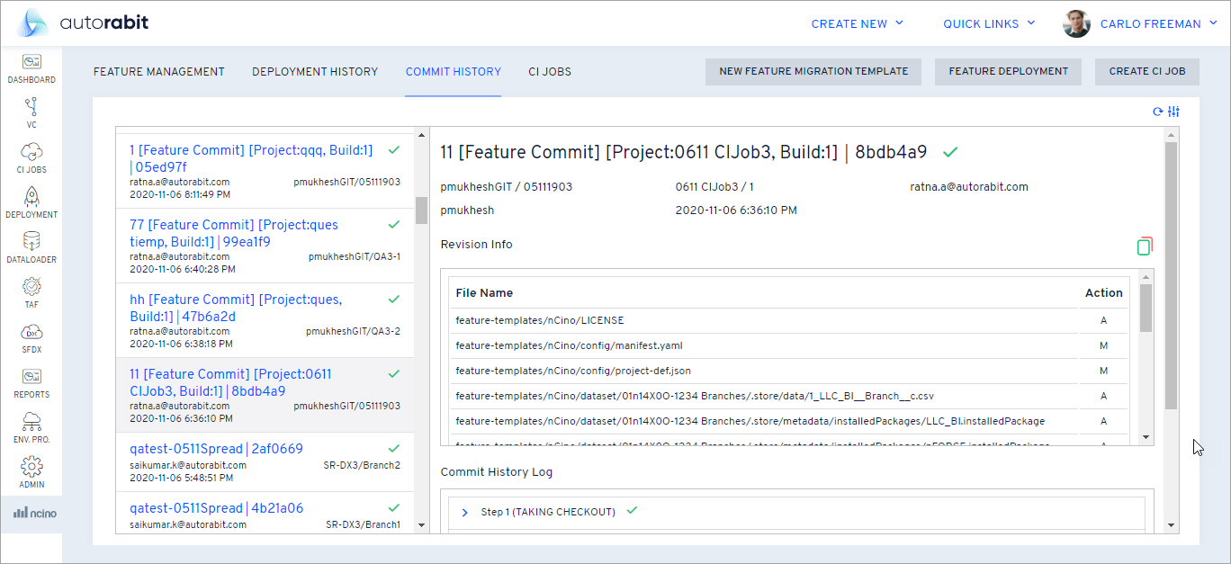 List of commits in the Commit History view