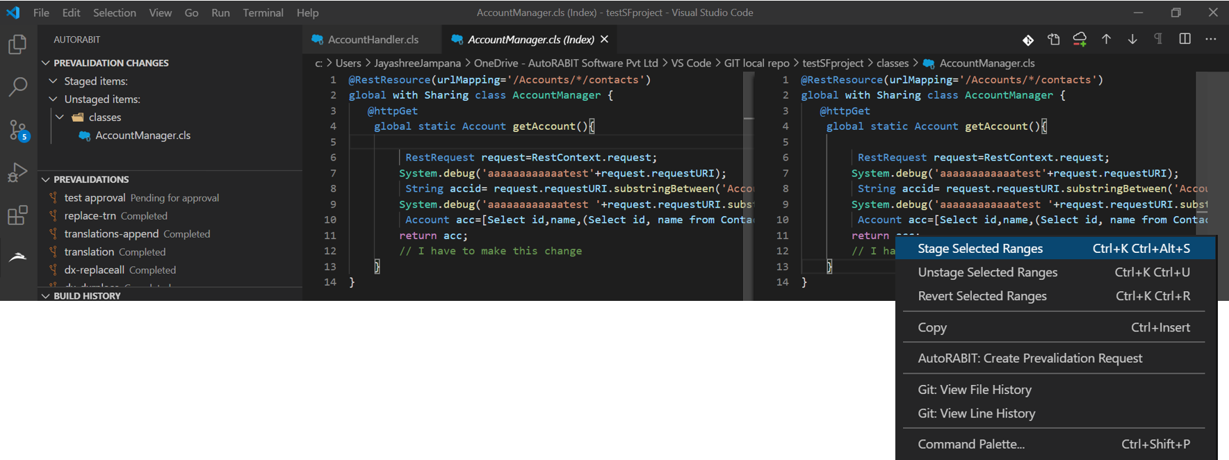 Staging selected lines of code in VSCode Extension