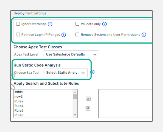 Deployment settings with static code analysis option