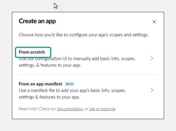 Slack app creation screen with From scratch option selected