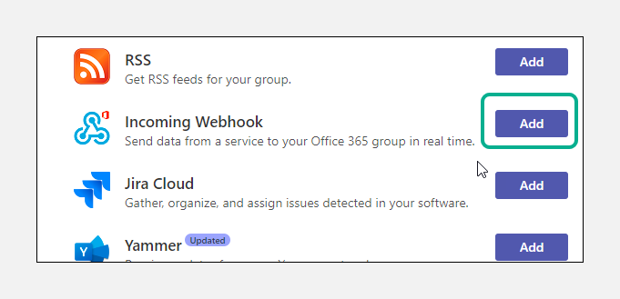 Add Incoming Webhook option in Teams