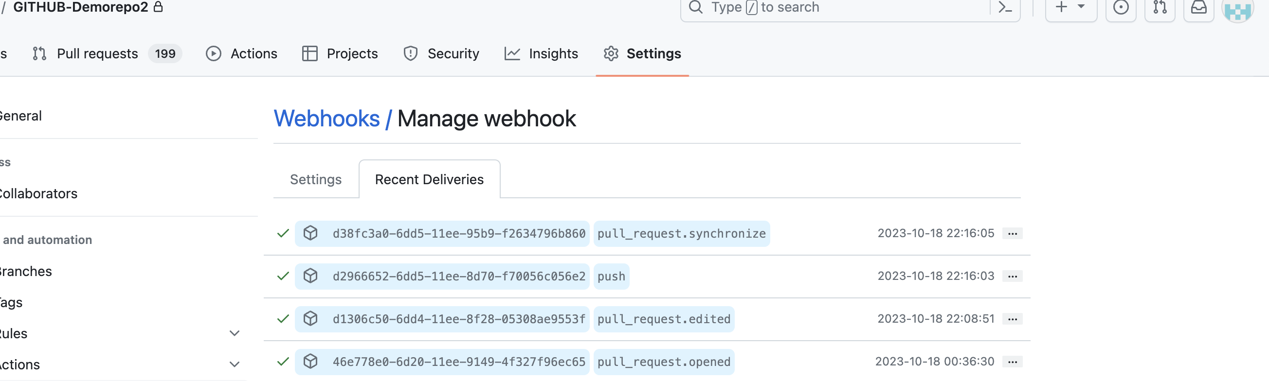 Webhook event delivery log from GitHub