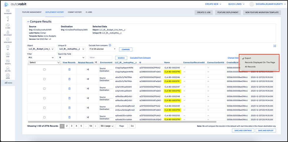 Export and field selection options