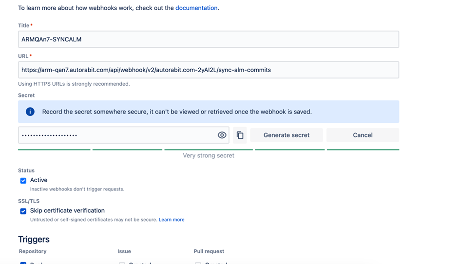 Bitbucket Webhooks configuration section