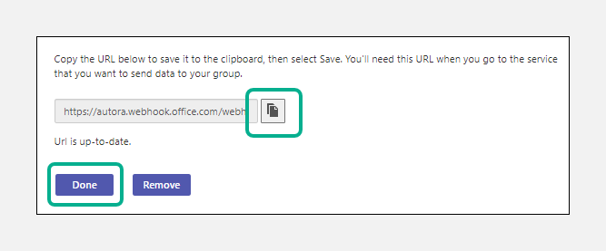 Webhook URL copy screen with Done button