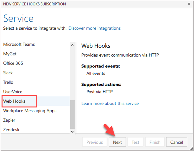 Integration service selection wizard in Visual Studio Git