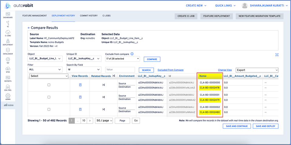 Compare results with yellow highlights