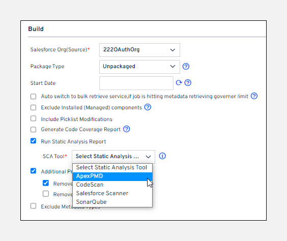 Additional build options panel