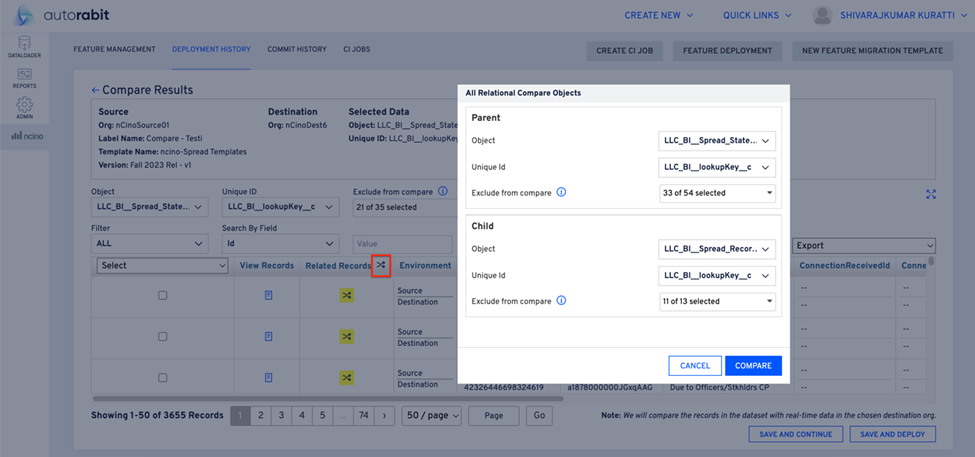 Relational compare initiation for related records