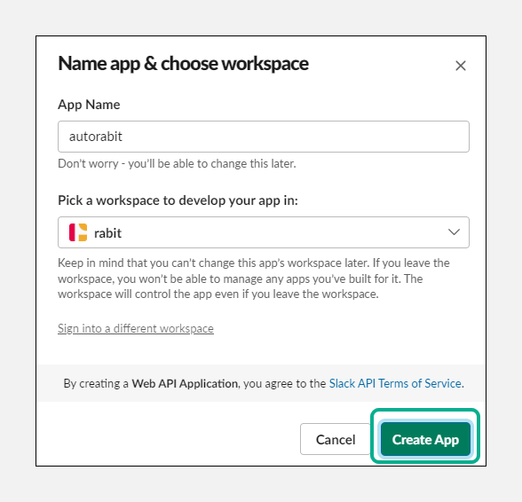 Slack app naming and workspace selection screen
