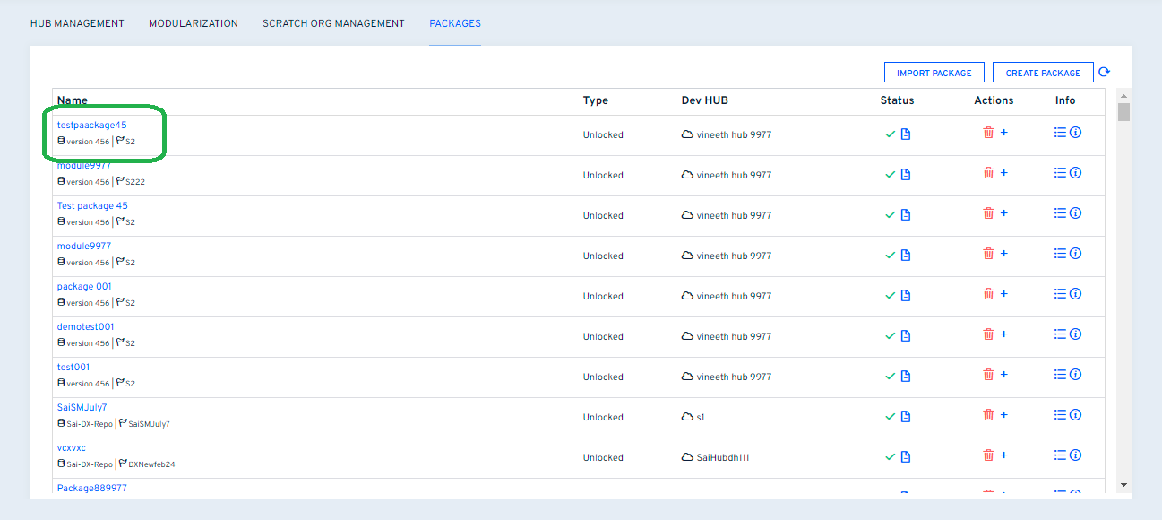 Packages home showing imported package