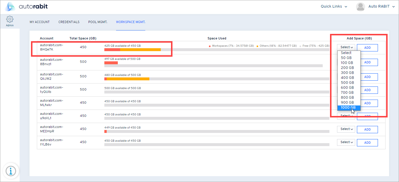 Super Admin screen showing workspace size adjustment