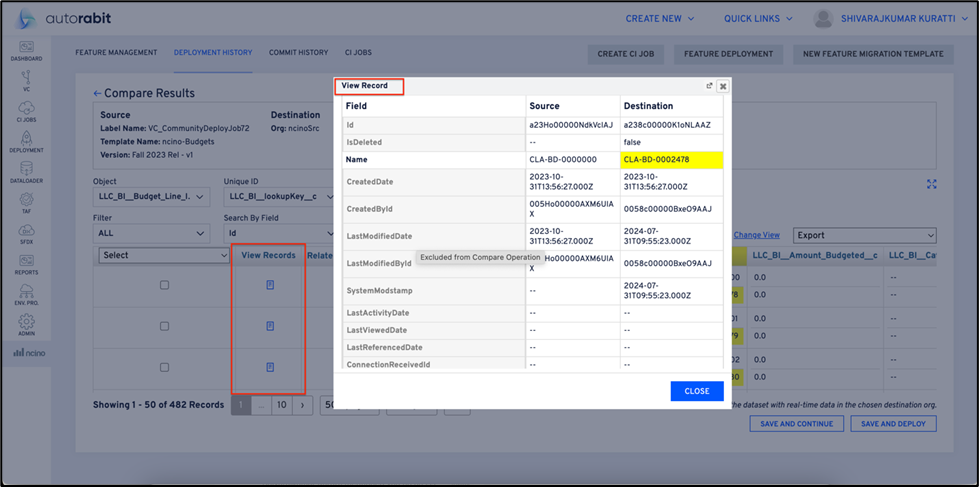 View Record button for detailed comparison