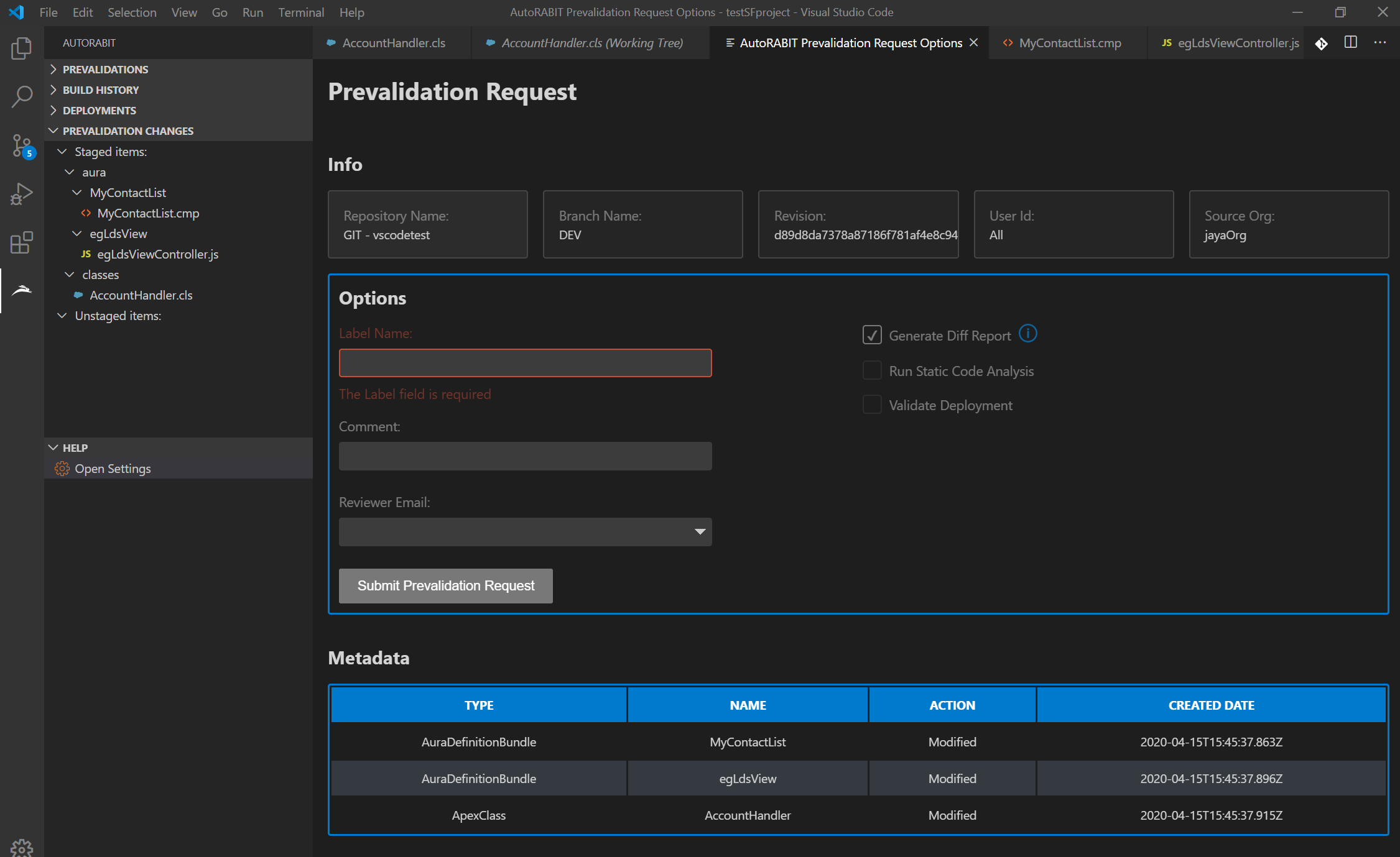 Pre-validation request options in VSCode Extension