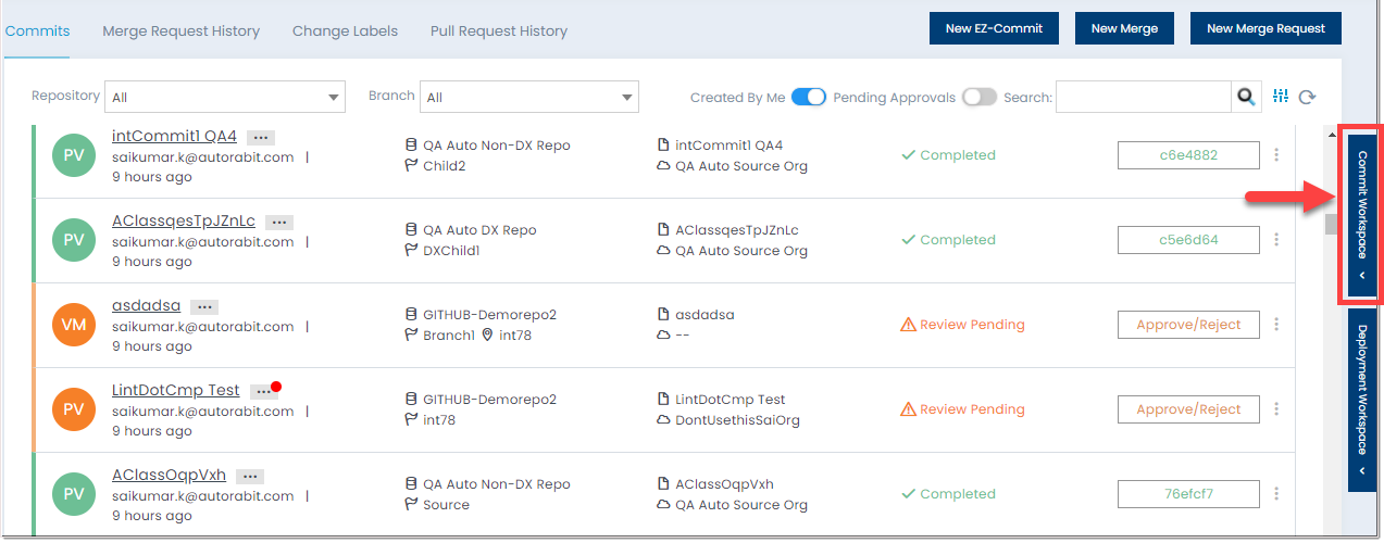 Commit workspace showing queued commits
