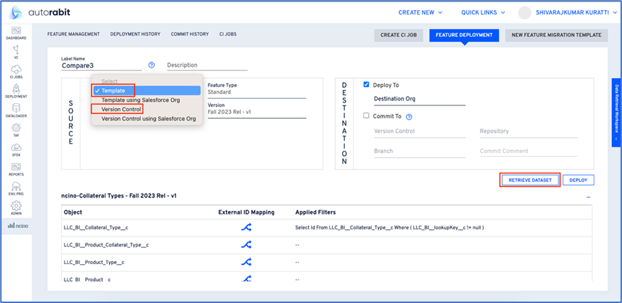 Retrieve Dataset option from Template or Version Control