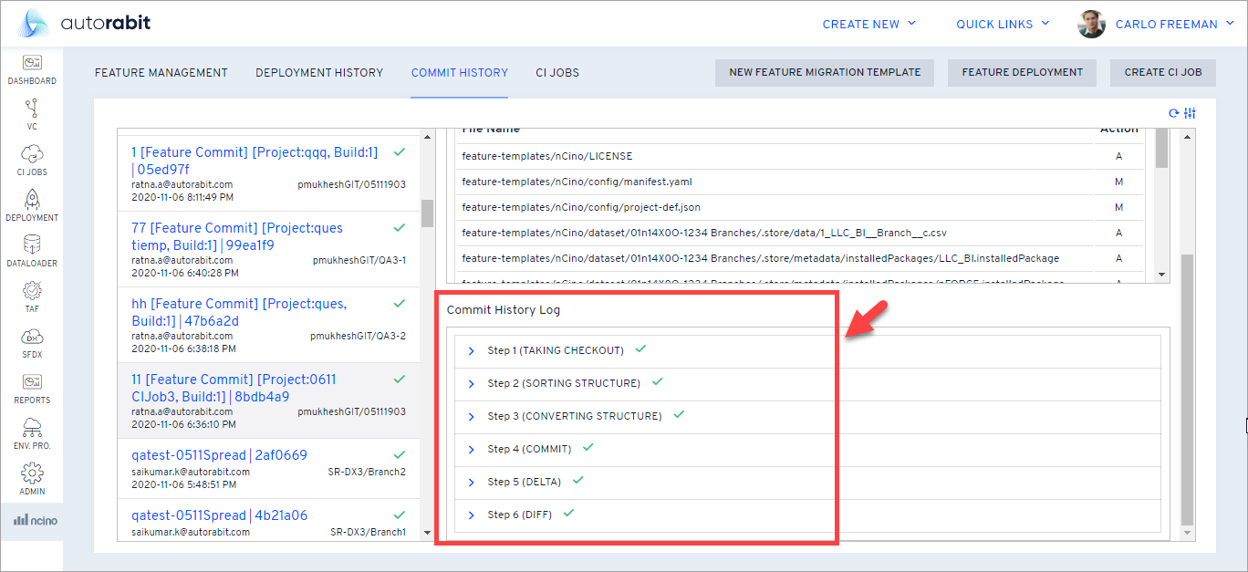 Step-by-step commit log entries