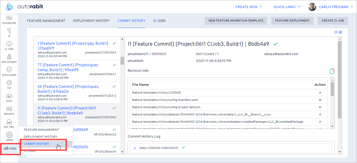nCino Commit History main screen