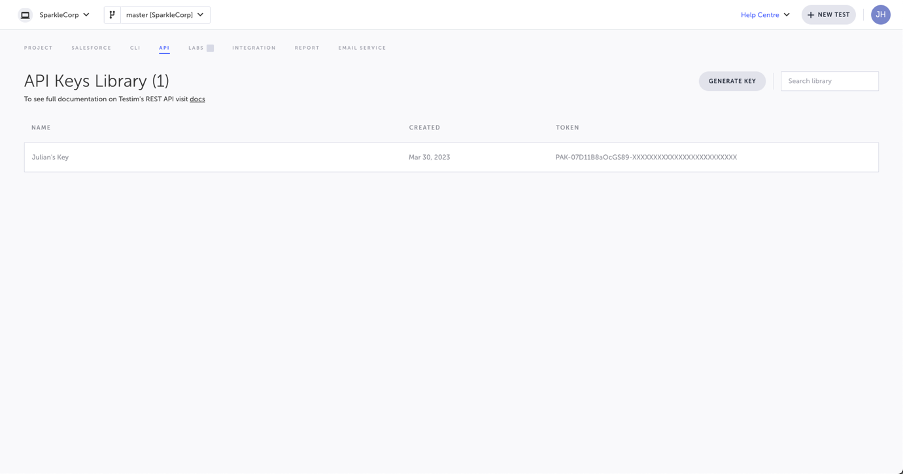 API Keys Library page