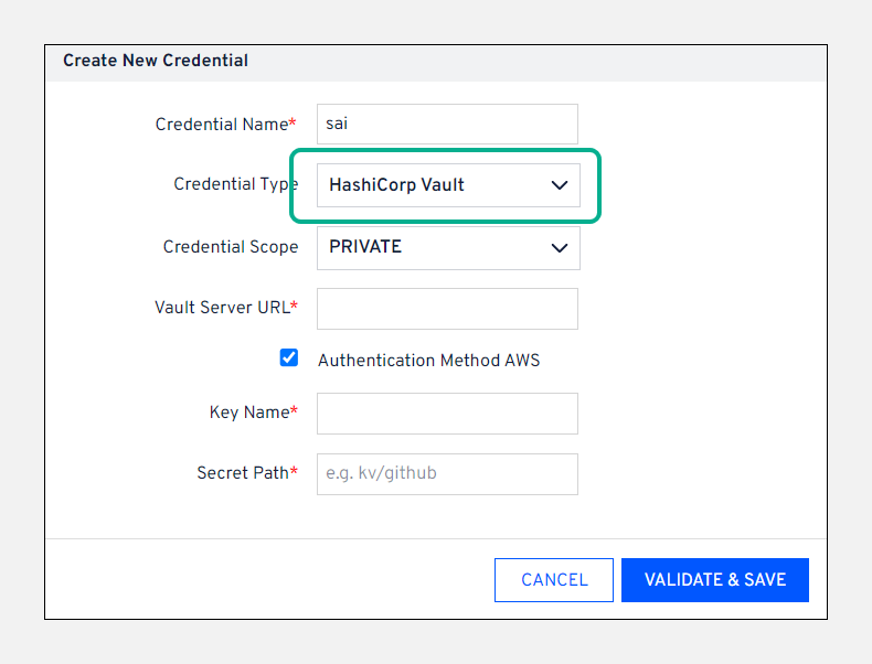 HashiCorp Vault credential form with AWS Auth option
