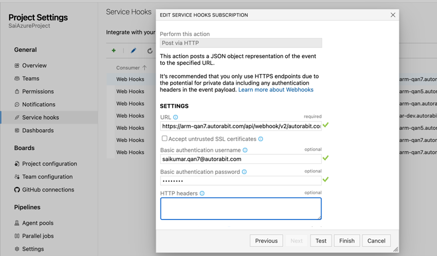 Authentication setup for webhook in Visual Studio Git